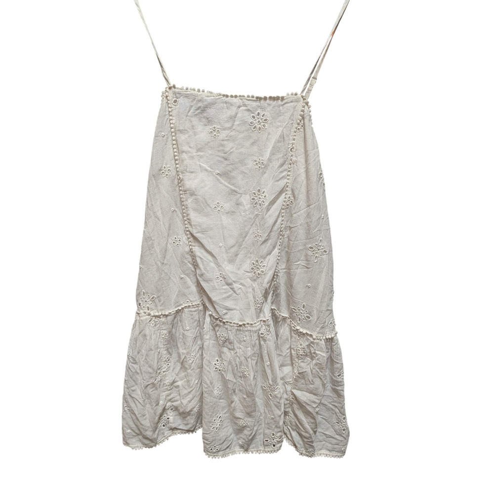 Aerie Mini Dress Womens Small White Excellent Eyelet Pom Pom Tiered Boho